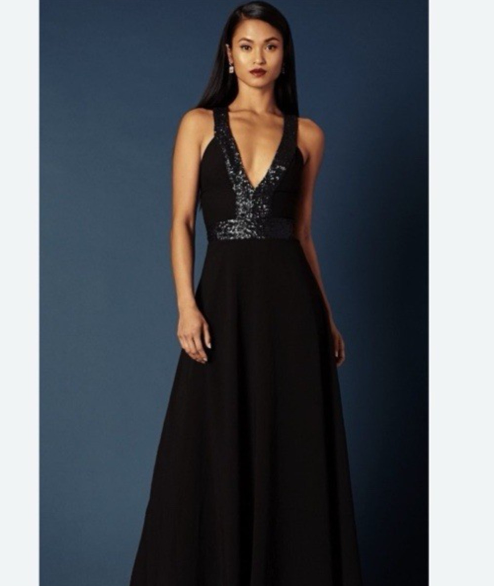 Dress the Population Black Maxi Gown with Sequin V-Neck